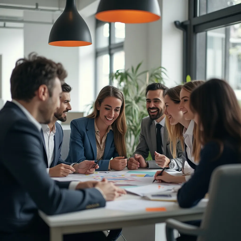 Equipo discutiendo estrategias de negocios en una oficina moderna en Argentina