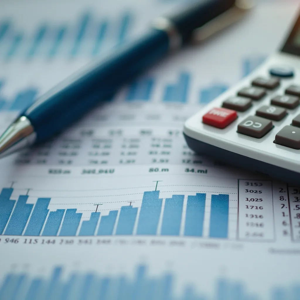 Gráficos financieros y calculadora sobre un escritorio, representando la planificación financiera en Argentina