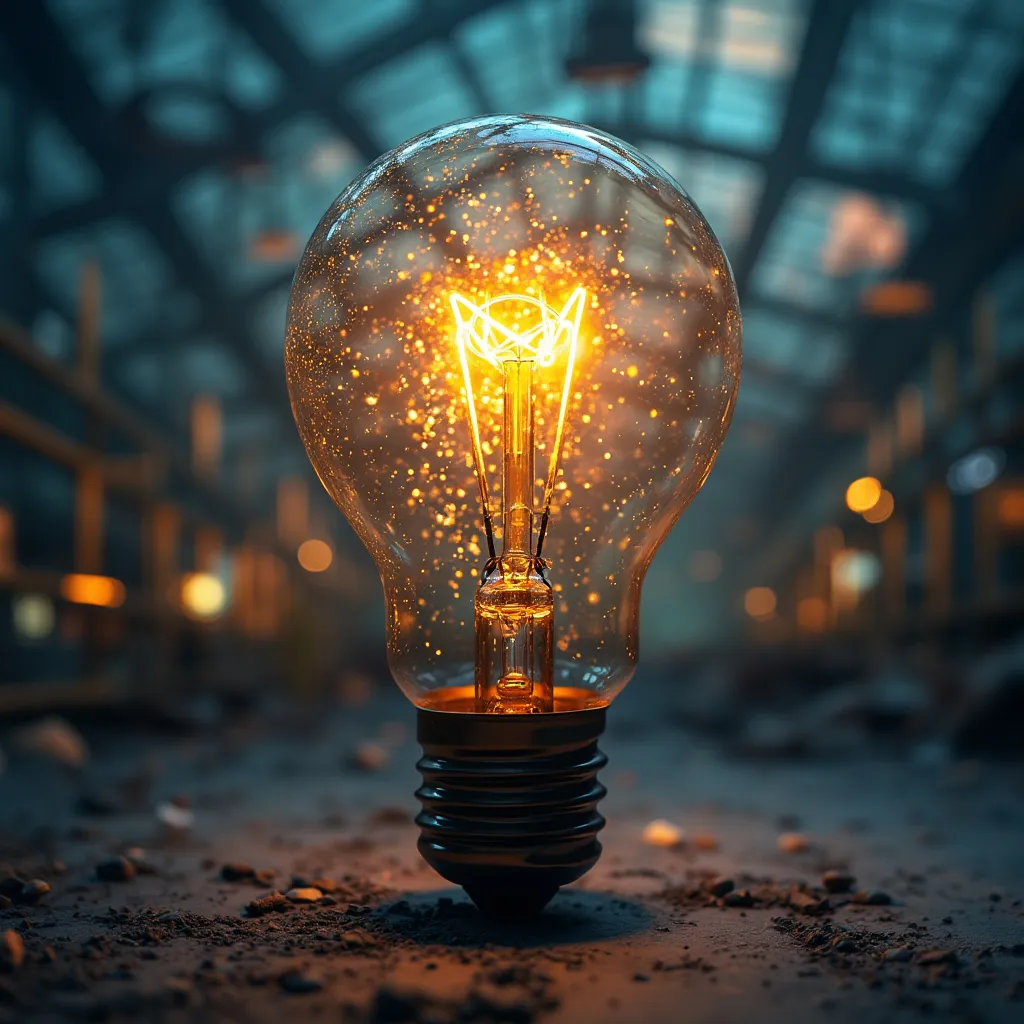 Bombilla de luz con ideas creativas flotando alrededor en un contexto de oficina argentina