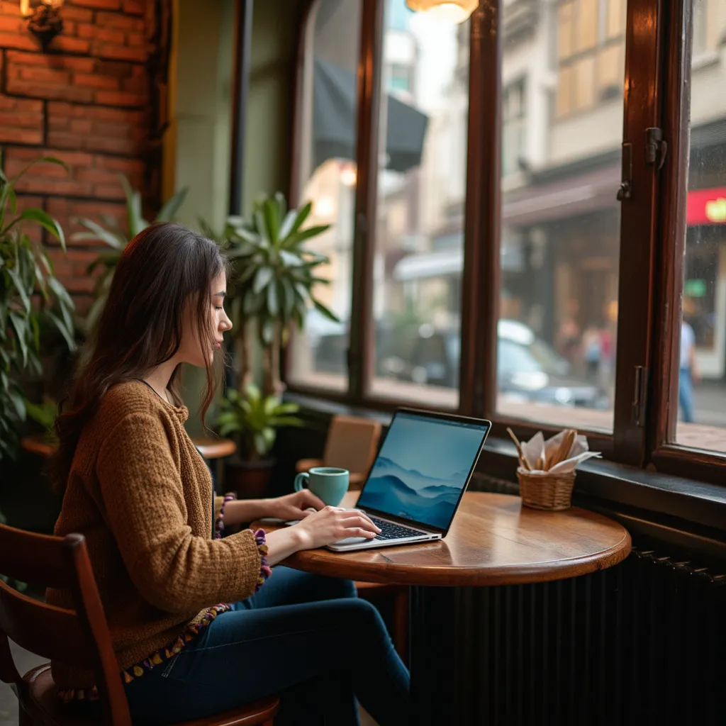 Persona trabajando remotamente con laptop en un café de Buenos Aires