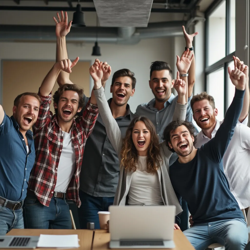 Equipo de startup tecnológica celebrando un logro en su oficina